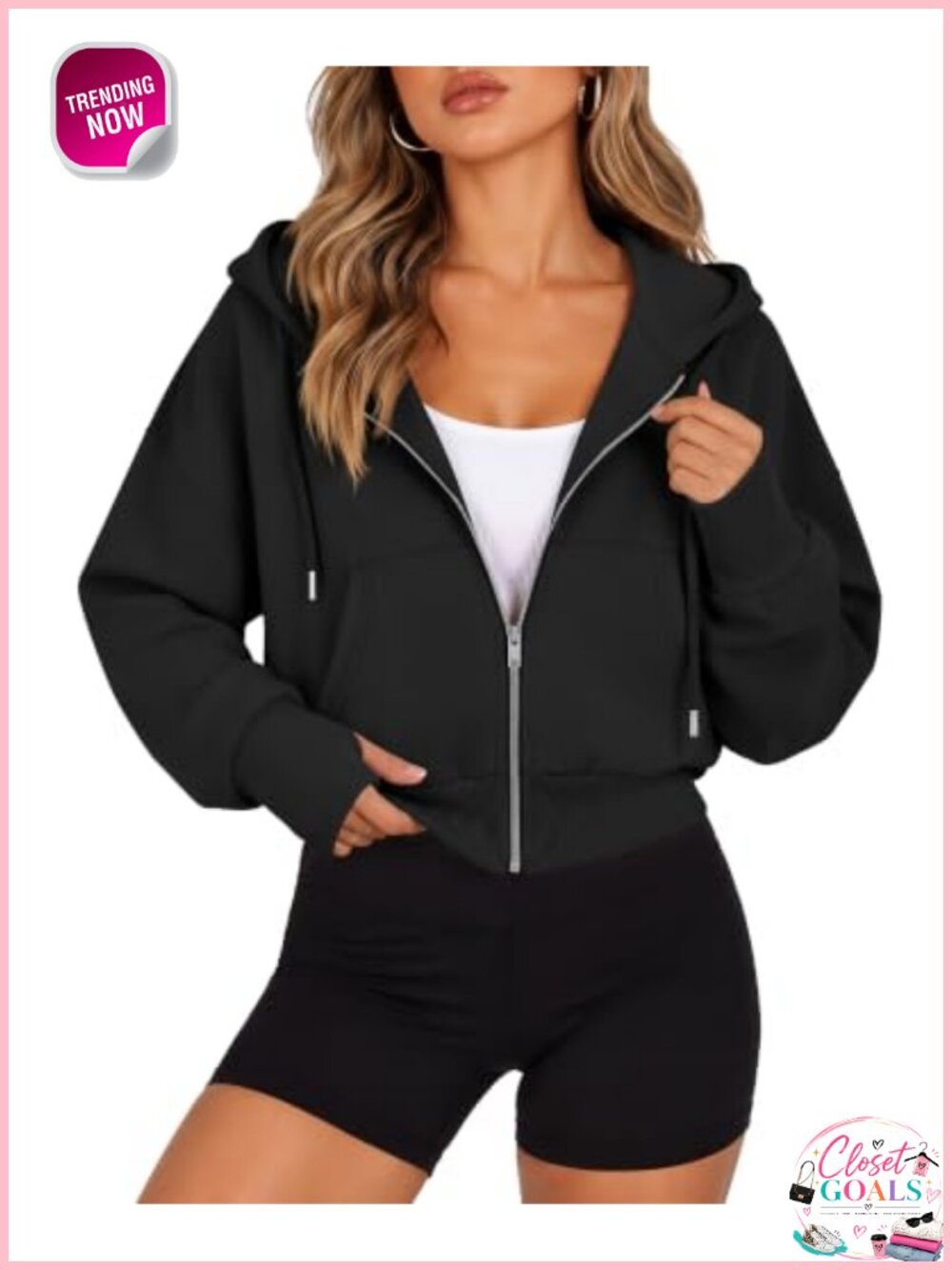 Zip Up Cropped Hoodie Thumb Hole Oversized Sweatshirt
